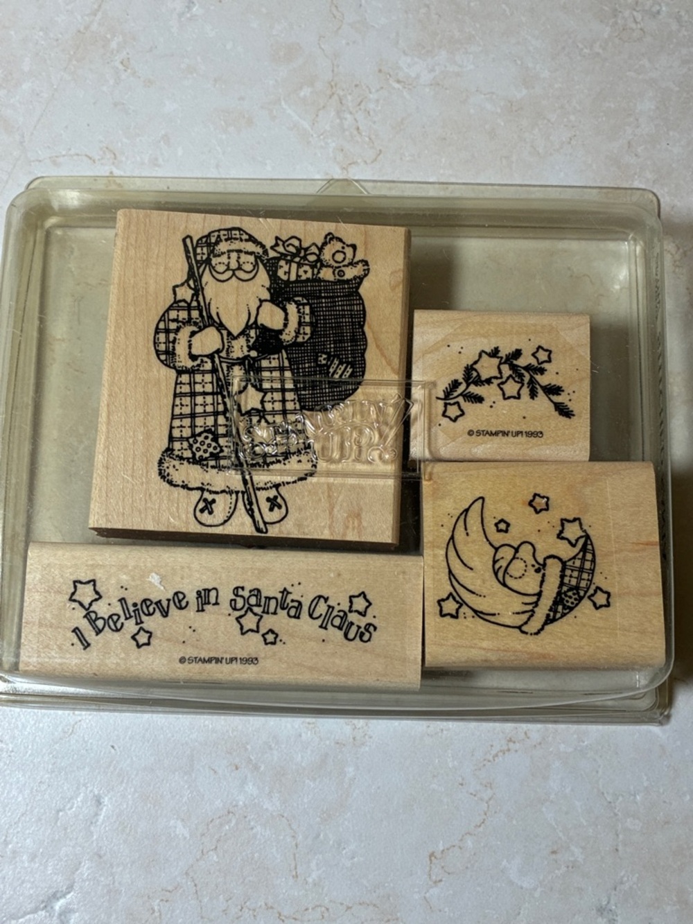 Vintage 1993 Stampin' Up! Santa Claus themed  4 piece Wood -rubber Stamp Set